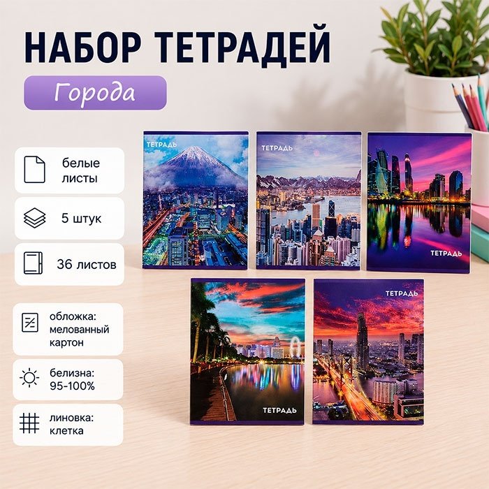 Набор общих тетрадей Calligrata Города, 36 л, А5+, клетка, мягкая обложка, 5 шт купить,NaN