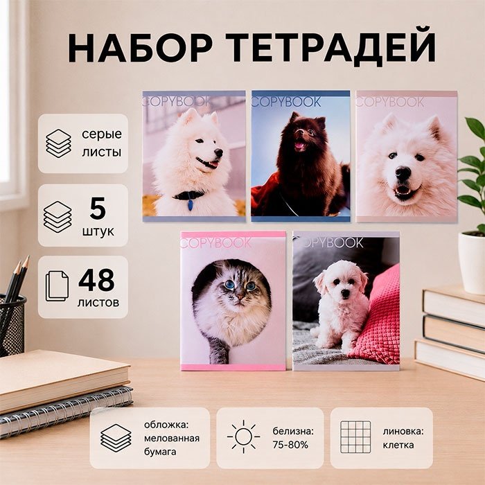 Набор общих тетрадей Calligrata Любимые питомцы, 48 л, А5+, клетка, мягкая обложка, 5 шт купить,NaN