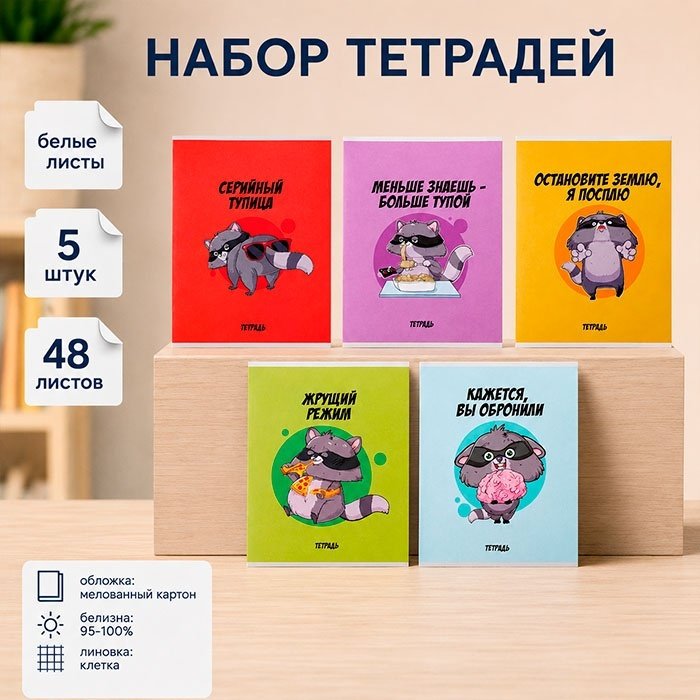 Набор общих тетрадей Calligrata Дерзкий енот, 48 л, А5+, клетка, мягкая обложка, 5 шт купить,NaN