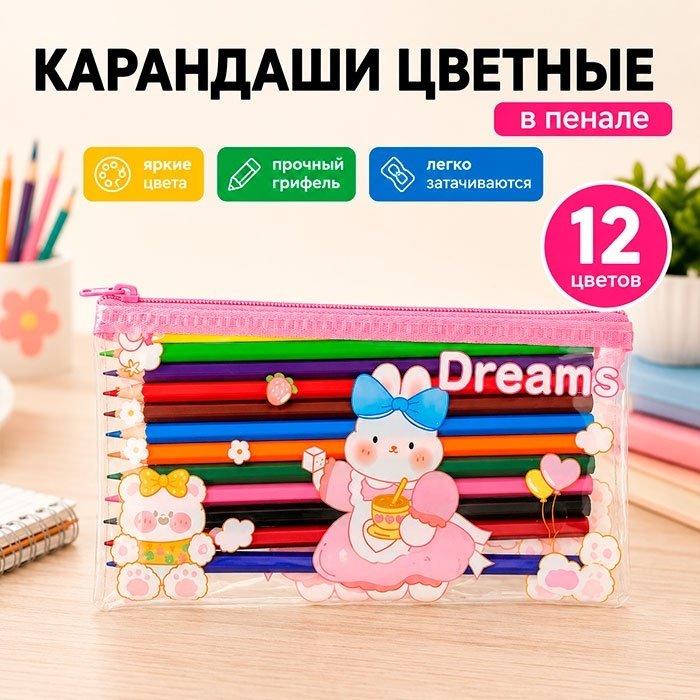 Набор цветных карандашей в пенале, 12 цветов, розовый купить,NaN
