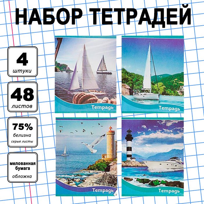 Набор общих тетрадей Calligrata Корабли, 48 л, А5+, клетка, мягкая обложка, 4 шт купить,NaN