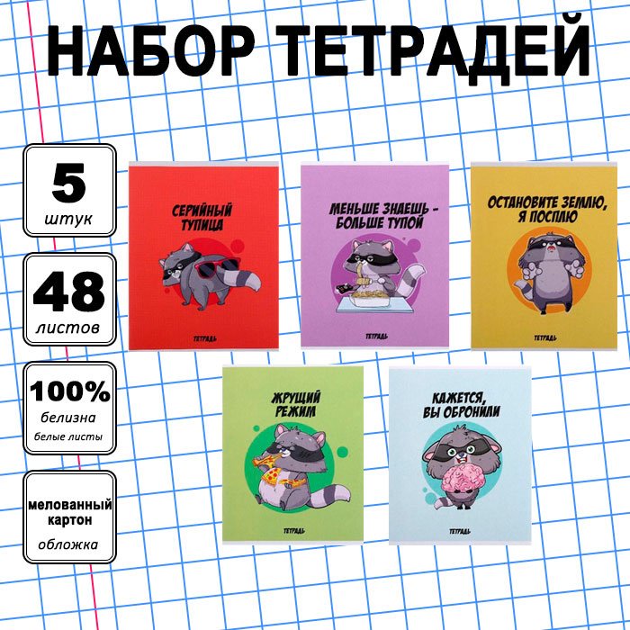 Набор общих тетрадей Calligrata Дерзкий енот, 48 л, А5+, клетка, мягкая обложка, 5 шт купить,NaN