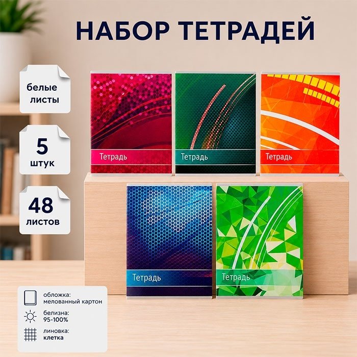 Набор общих тетрадей Calligrata Абстракция, 48 л, А5+, клетка, мягкая обложка, 5 шт купить,NaN