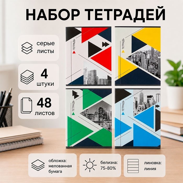 Набор общих тетрадей Calligrata Мегаполис, 48 л, А5+, линейка, мягкая обложка, 4 шт купить,NaN