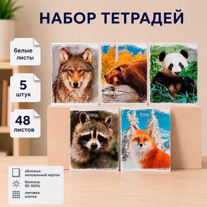 Набор общих тетрадей Calligrata Дикие животные, 48 л, А5+, клетка, мягкая обложка, 5 шт купить,NaN