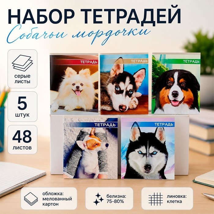 Набор общих тетрадей Calligrata Собачьи мордочки, 48 л, А5+, клетка, мягкая обложка, 5 шт купить,NaN