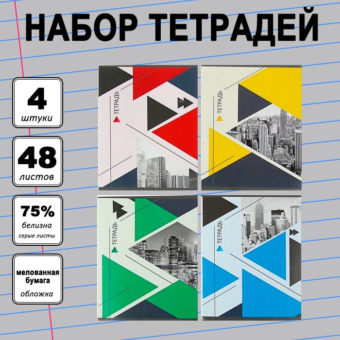 Набор общих тетрадей Calligrata Мегаполис, 48 л, А5+, линейка, мягкая обложка, 4 шт купить,NaN