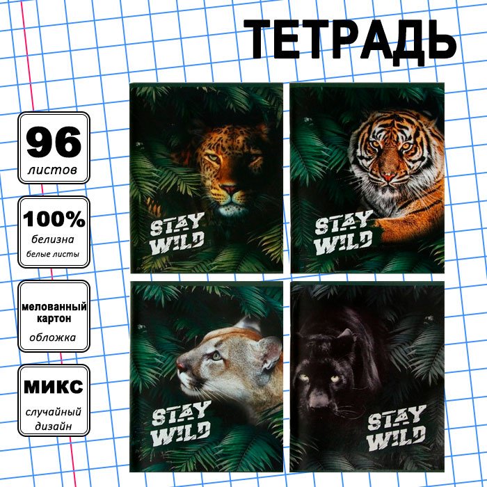 Общая тетрадь Calligrata Хищники, 96 л, А5+, клетка, мягкая обложка, 1 шт купить,NaN