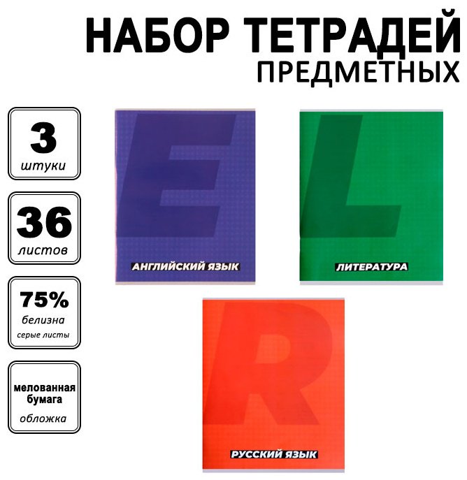 Набор предметных тетрадей Calligrata MonoTone. Английский язык + Литература + Русский язык, 36 л, А5+, комбинированная, мягкая обложка, 3 шт купить,NaN