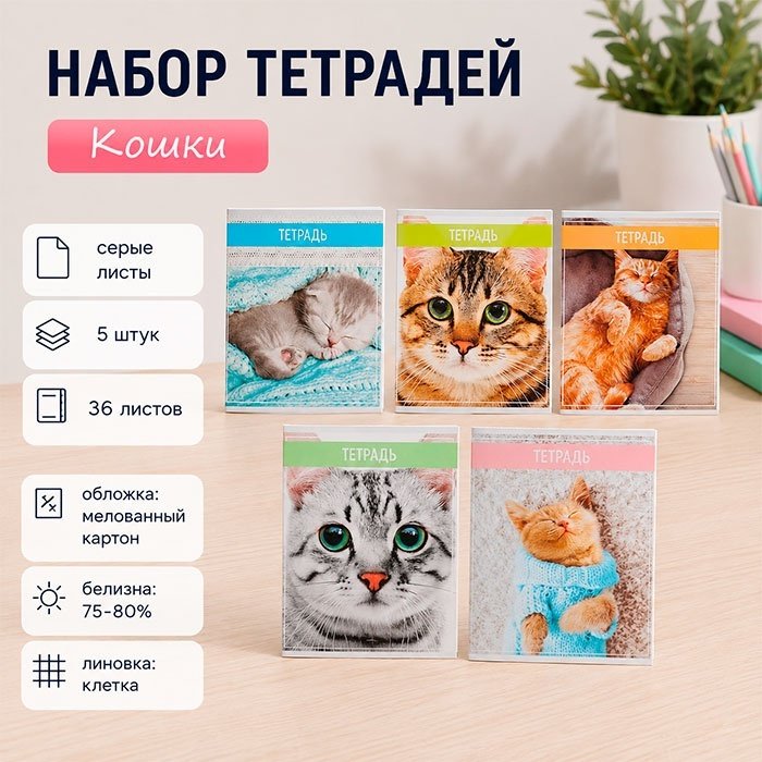 Набор общих тетрадей Calligrata Кошки, 36 л, А5+, клетка, мягкая обложка, 5 шт купить,NaN