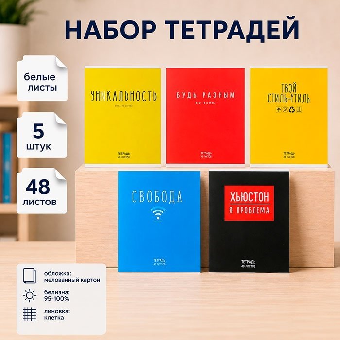 Набор общих тетрадей Calligrata Надпись, 48 л, А5+, клетка, мягкая обложка, 5 шт купить,NaN