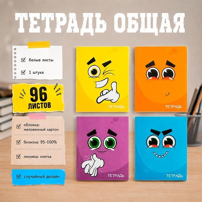 Общая тетрадь Calligrata Смайлики, 96 л, А5+, клетка, мягкая обложка, 1 шт купить,NaN