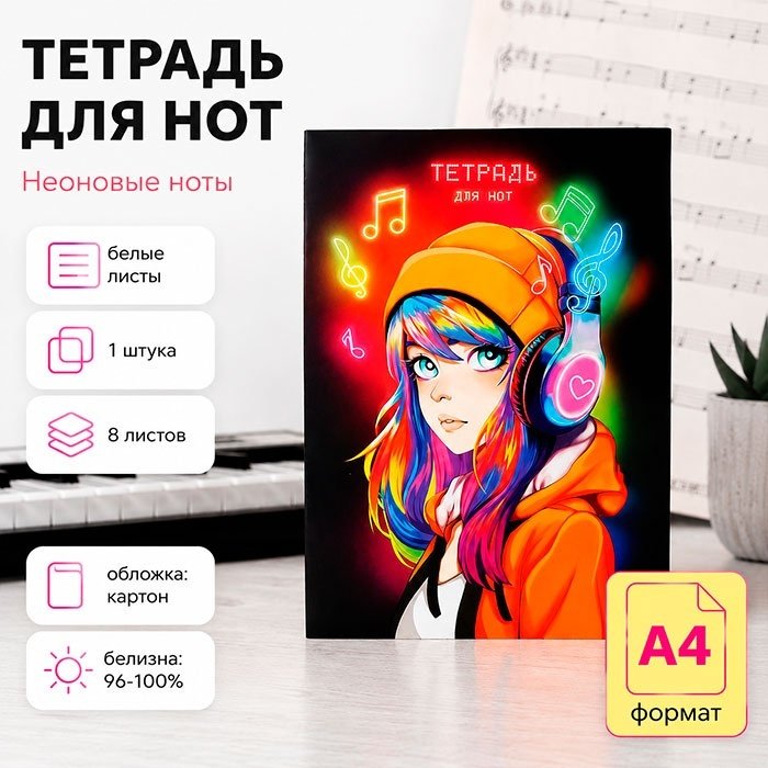 Тетрадь для нот Calligrata Неоновые ноты, 8 л, А4, ноты, мягкая обложка, 1 шт купить,NaN