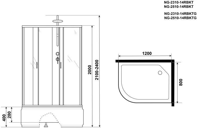 Душевая кабина Niagara NG-2510-14RBKTG, 210х120 см, высокий поддон