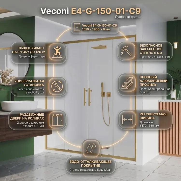 Душевое ограждение Veconi одностенное E4-G-150-01-C9, 1510х1950 мм