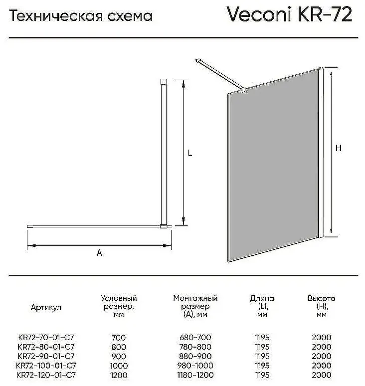 Душевое ограждение KABINKA.KZ одностенное KR72-80-01-C8, 800х2000 мм