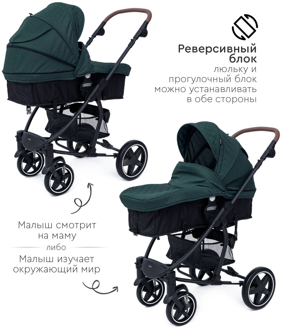 Коляска-трансформер 2 в 1 TOMIX Emily, черно-зеленый купить,NaN