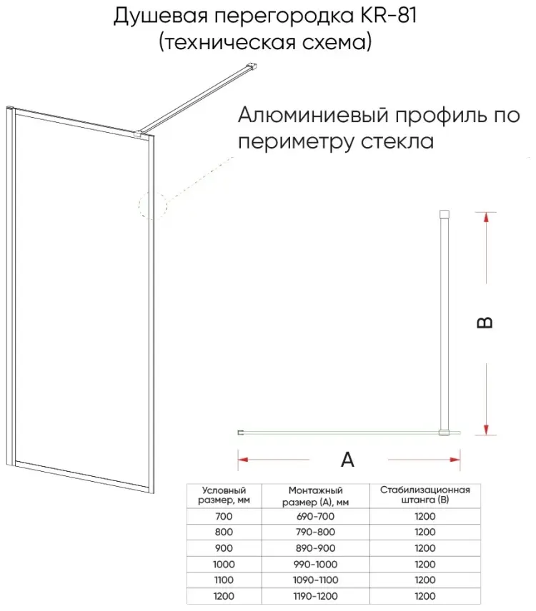 Душевое ограждение KABINKA.KZ одностенное KR81-100-01-C8, 1000х2000 мм