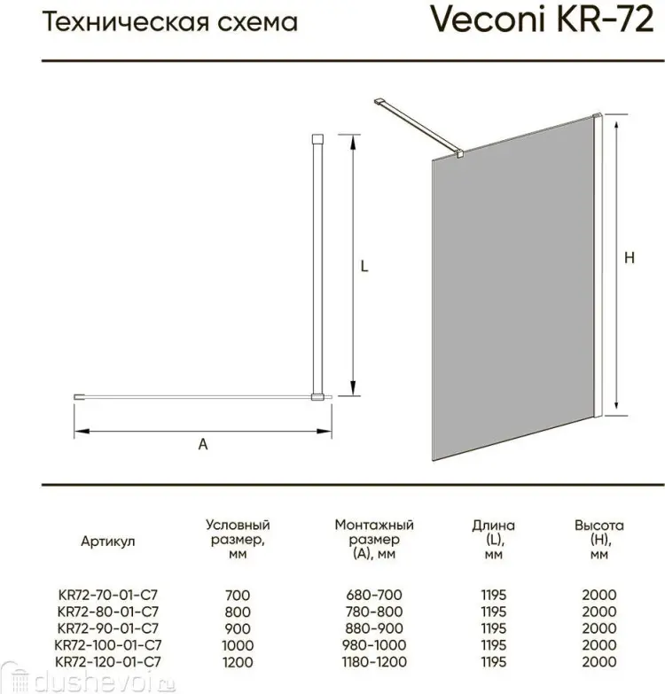 Душевое ограждение KABINKA.KZ одностенное KR72-110-01-C8, 1100х2000 мм