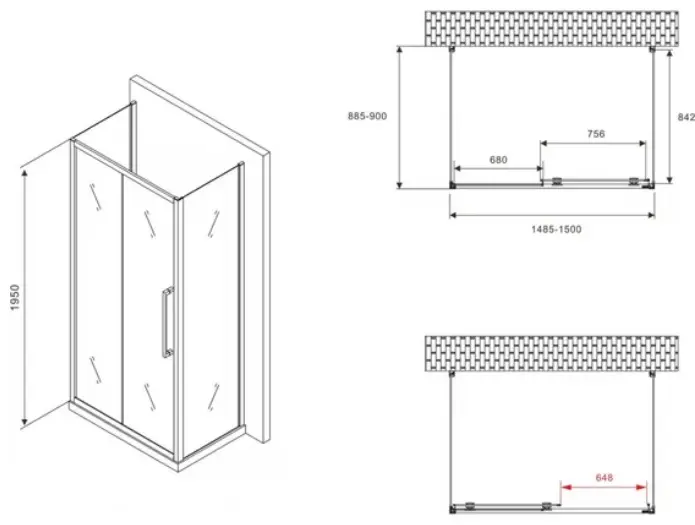 Душевое ограждение Abber трехстенное AG30150BMH-S90BM-S90BM, 900х1950 мм купить,NaN