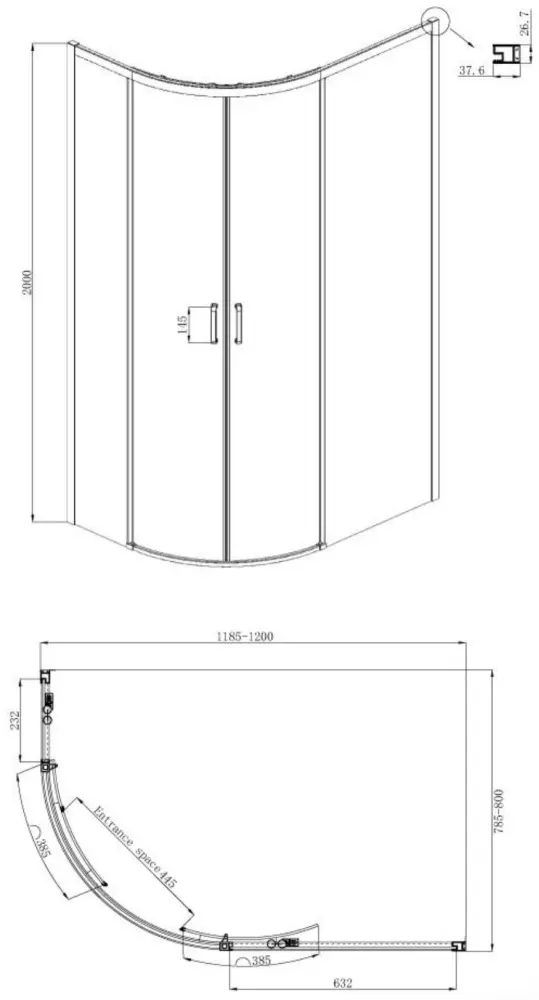 Душевое ограждение Ambassador двухстенное Queen 11011103R, 120х200 мм