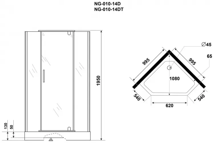 Душевое ограждение Niagara двухстенное NG-010-14DT, 1000х1950 мм