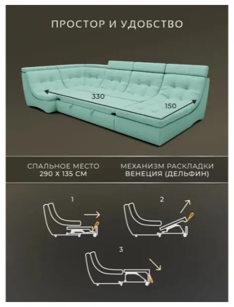Угловой диван Монако, 390х210 см, обивка велюр, бирюзовый купить,NaN