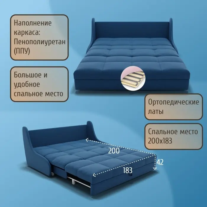 Диван K0000339038, 193х110 см, обивка велюр, синий купить,NaN