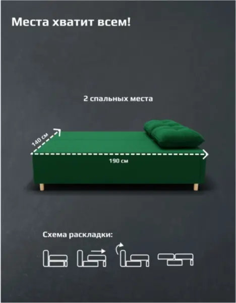 Диван K0000339103, 190х75 см, обивка велюр, темно-зеленый купить,NaN