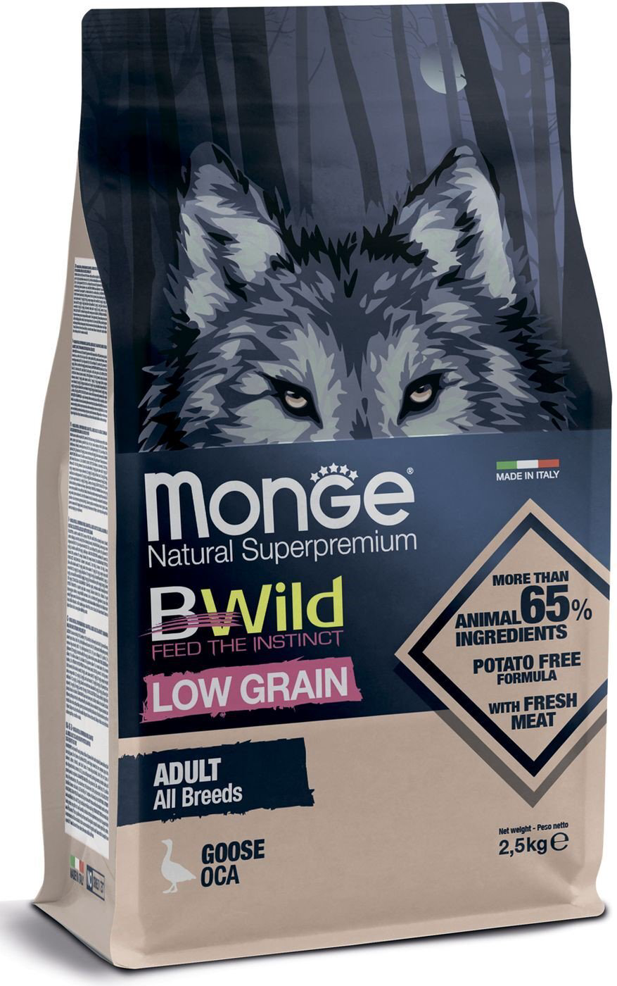Сухой корм Monge Bwild Low Grain Adult All Breeds Goose с гусем 2,5кг купить,NaN