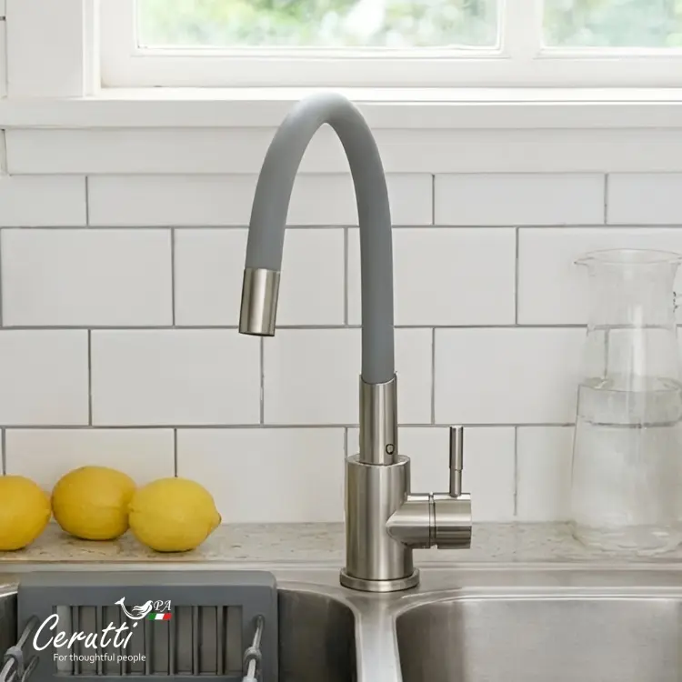Смеситель Cerutti SPA Атэна BN-G (ATENA BN-G) Cмеситель для кухни, цвет МАТОВЫЙ НИКЕЛЬ из нержавеющей стали с серым гибким изливом Ceruttispa, нержавеющая сталь, цвет никель купить,50800