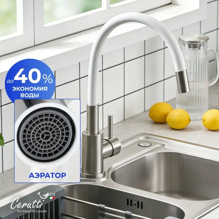 Смеситель Cerutti SPA CT12139, нержавеющая сталь, цвет белый купить,NaN