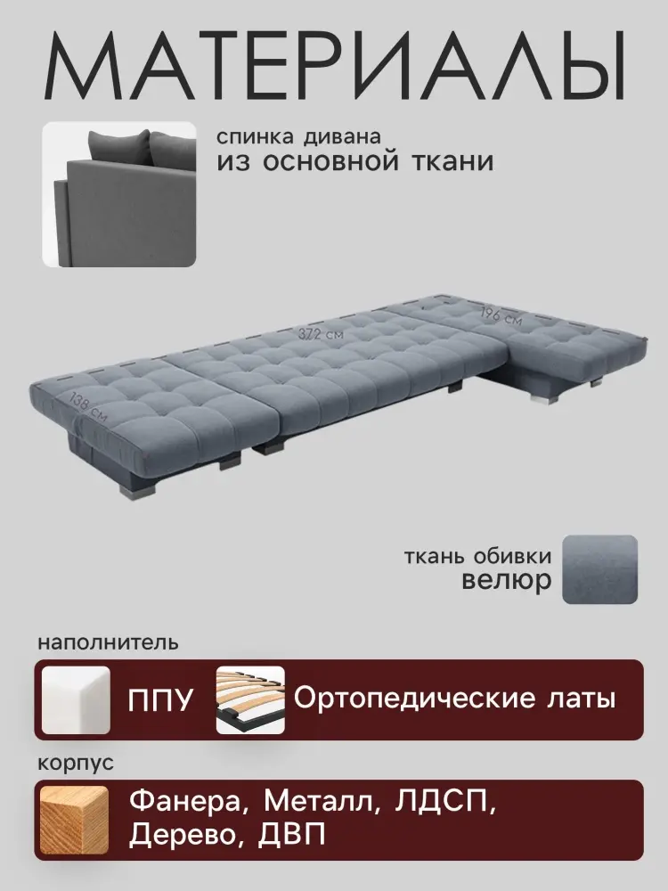 Угловой диван Хьюстон-3, 372х160 см, обивка велюр, серый купить,NaN