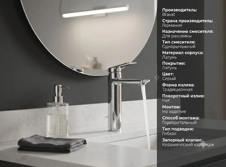 Смеситель BRAVAT F1369402BTC-ENG, латунь, цвет серый