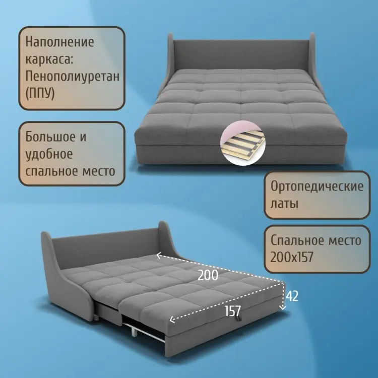Диван Куба, 168х110 см, обивка велюр, серый купить,NaN