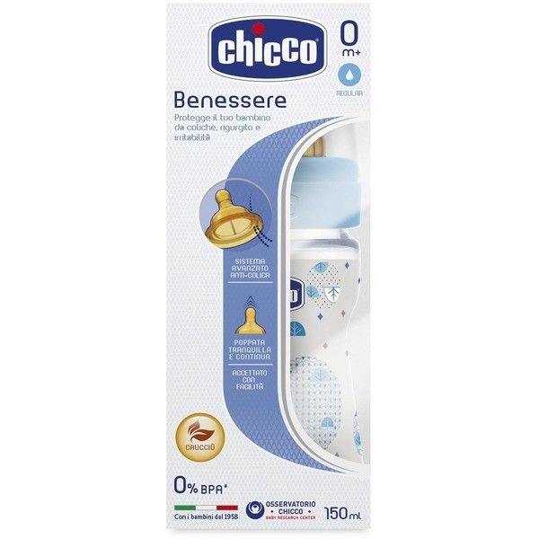 Бутылочка Chicco Well Being Ironic 150 мл голубая купить,NaN