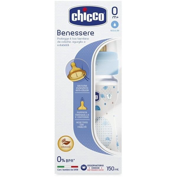 Бутылочка Chicco Well Being Ironic 150 мл голубая купить,NaN