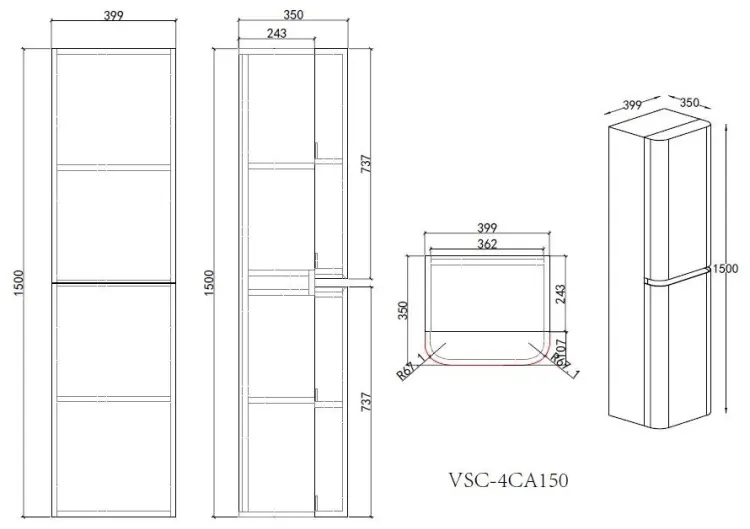 Шкаф-пенал навесной KABINKA.KZ VSC-4CA150MG-L, 40x35x150 см, серый купить,NaN