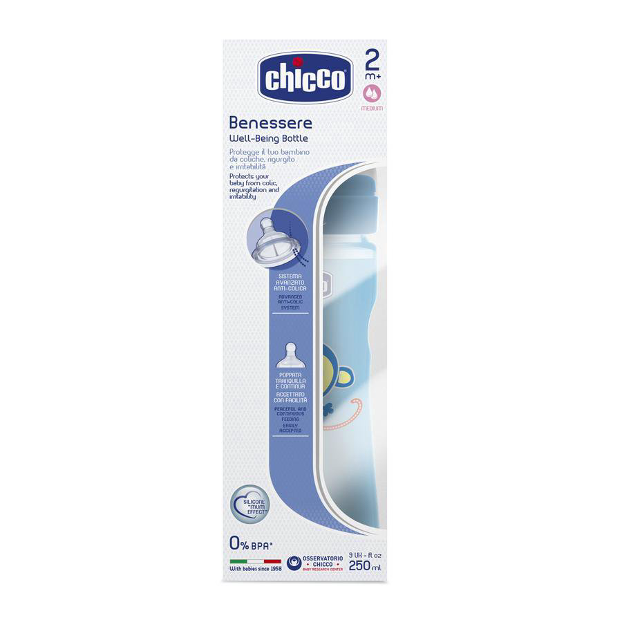 Бутылочка Chicco Well-Being 250 мл 2м+ голубая купить,NaN