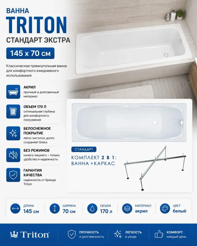Ванна Triton Стандарт Экстра 145x70 см, акрил