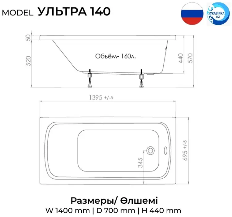 Ванна KABINKA.KZ Ультра 140 140x70 см, акрил