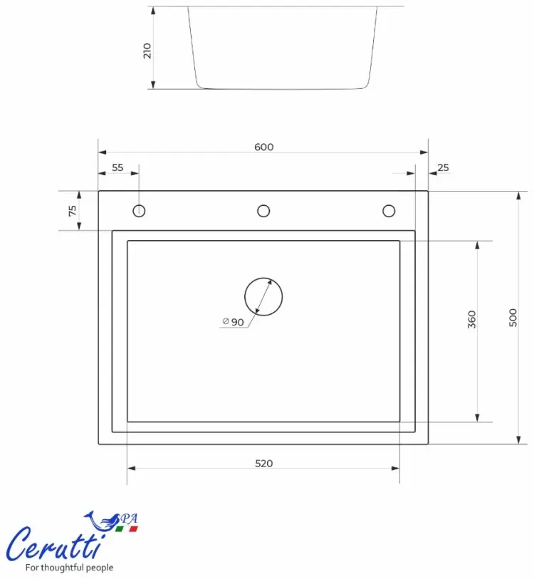 Кухонная мойка Cerutti SPA GLORIA60B 52х50х21 см, нержавеющая сталь, тон графитовый