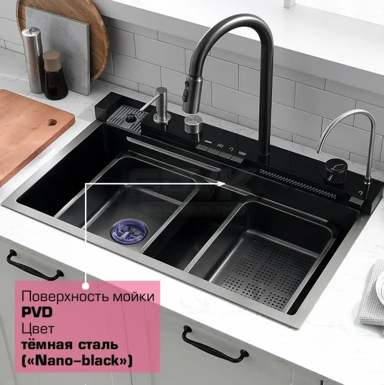 Кухонная мойка ESBANO CASCADE-5 45х75х22 см, нержавеющая сталь, тон алюминиум