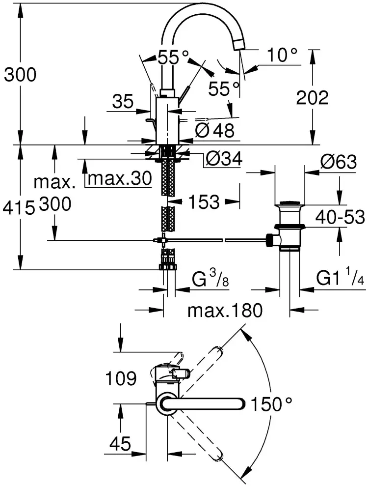 Смеситель для раковины (умывальника) Grohe Eurosmart Cosmopolitan 32830001 OHM, однозахватный