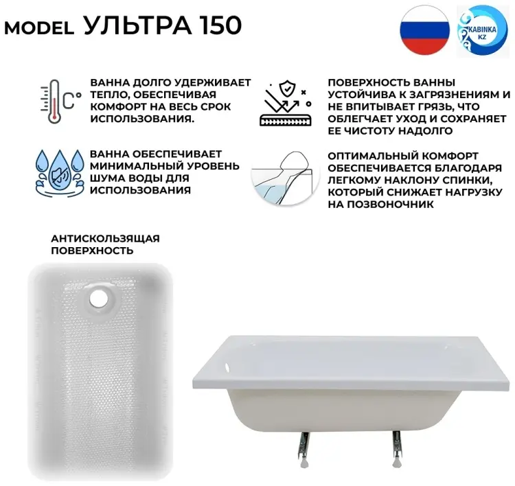 Ванна KABINKA.KZ Ultra White 150x70 см, акрил