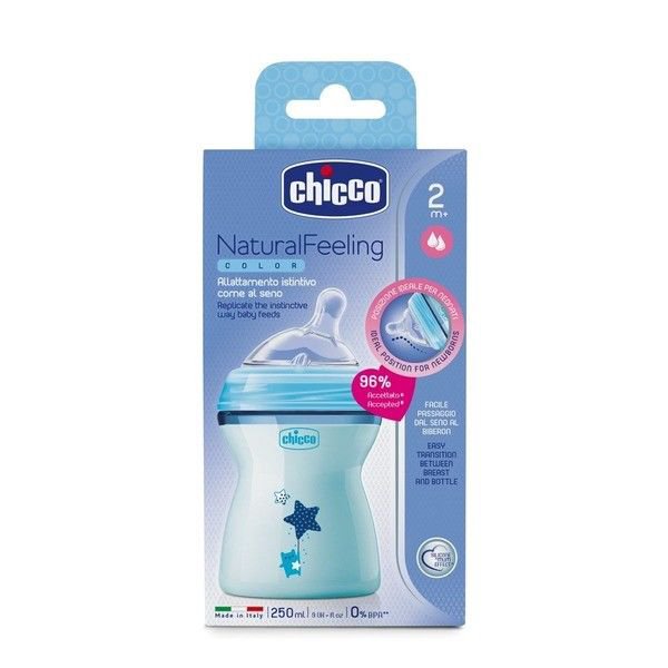 Бутылочка Chicco Natural Feeling 250мл 2м+ голубая купить,NaN