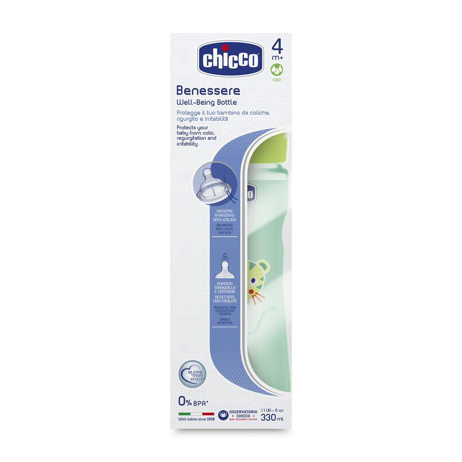 Бутылочка Chicco Wellbeing 330 мл 4м+ зеленая купить,NaN