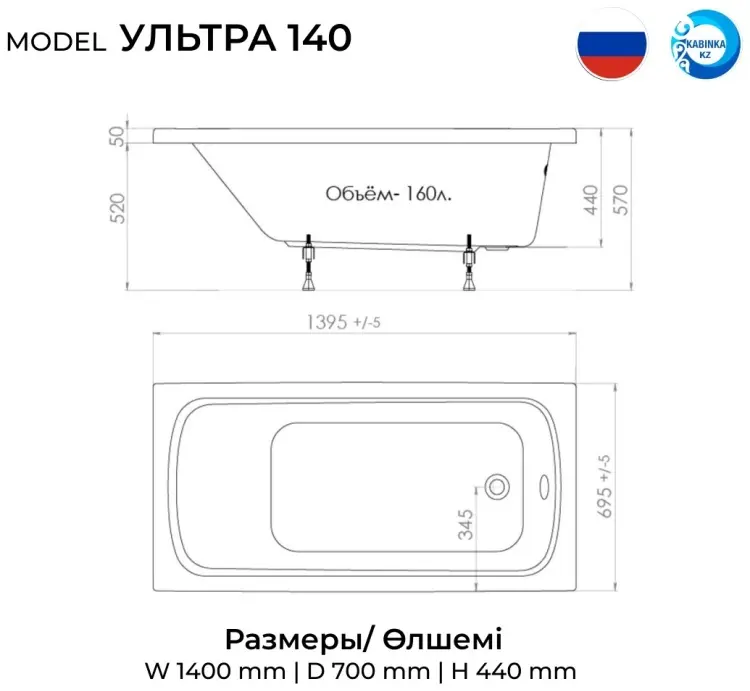 Ванна KABINKA.KZ Ultra White ECO 140x70 см, акрил