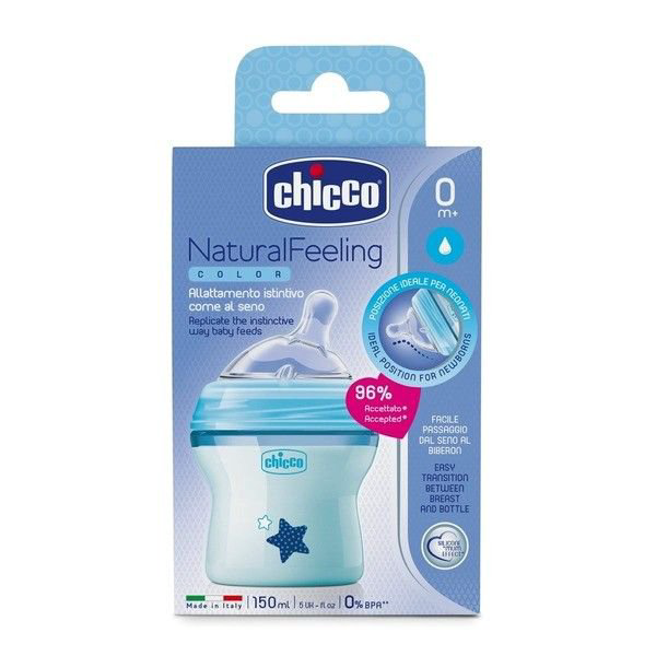 Бутылочка Chicco Natural Feeling 150 мл 0м+ голубая  купить,NaN