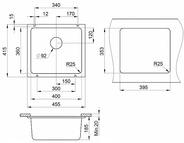 Кухонная мойка GRANULA 3601 46х42х19 см, кварцевый песок, тон алюминиум